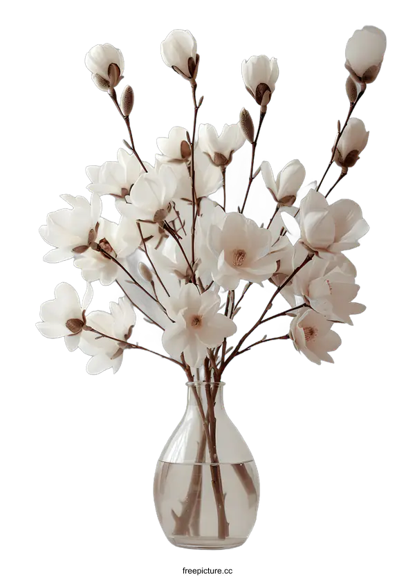 [Transparent Background PNG]White Magnolia Flower Bouquet in Glass Vase