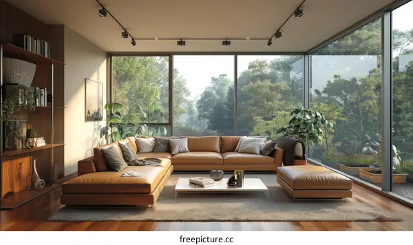 Modern Living Room with Large Windows and Comfortable Furniture