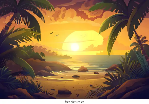 Tropical Beach Sunset Illustration with Palm Trees