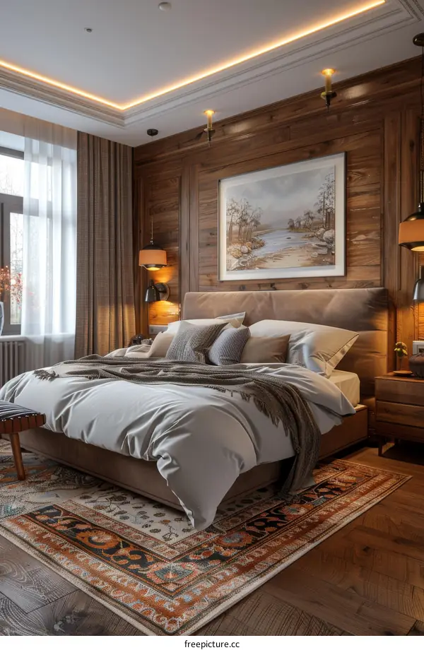 Luxury Wooden Bedroom Interior Design with Area Rug