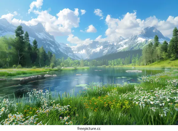 Mountain Lake with Wildflowers