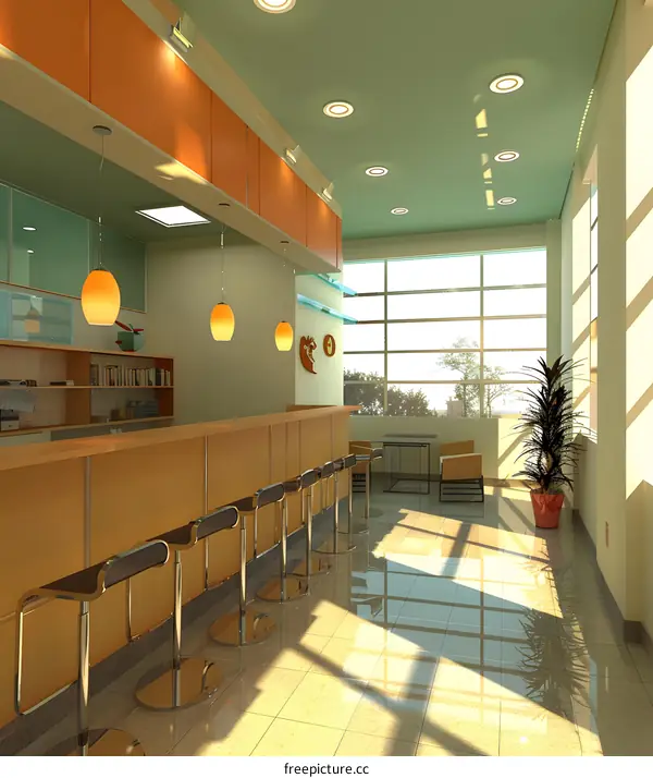Modern Cafe Interior Design with Bar and Stools