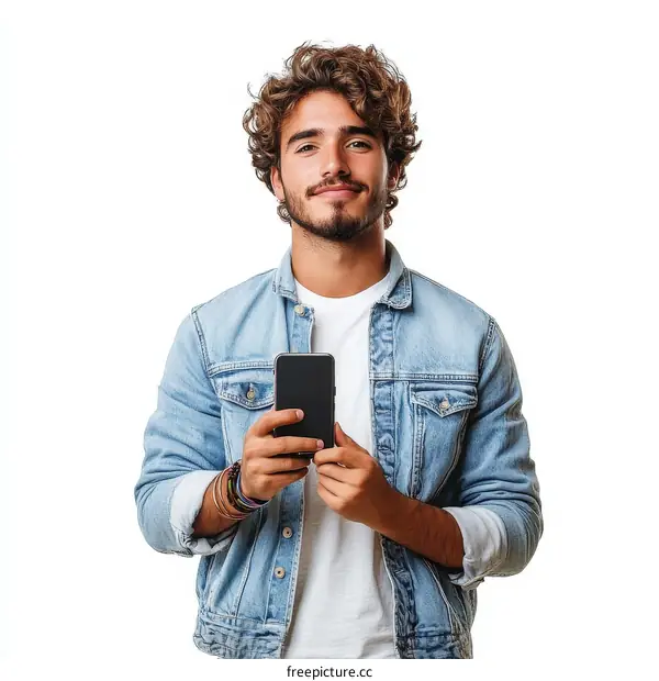 Young Man Holding Smartphone Casual Denim Jacket