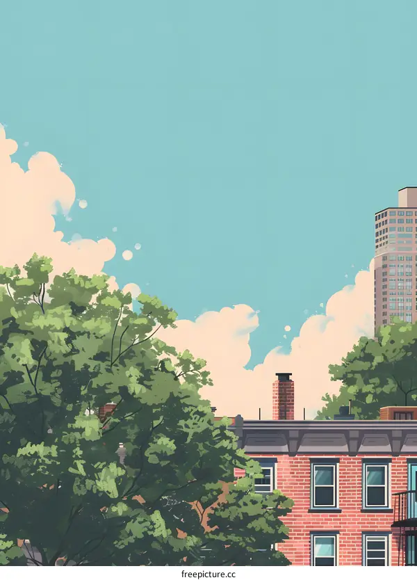 Cityscape with Green Trees and Blue Sky