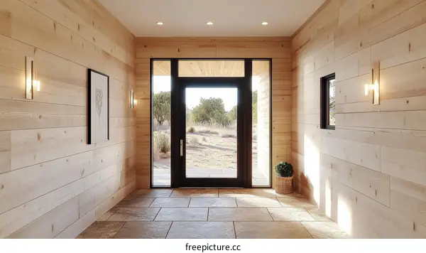 Modern Rustic Entryway with Light Wood Paneling