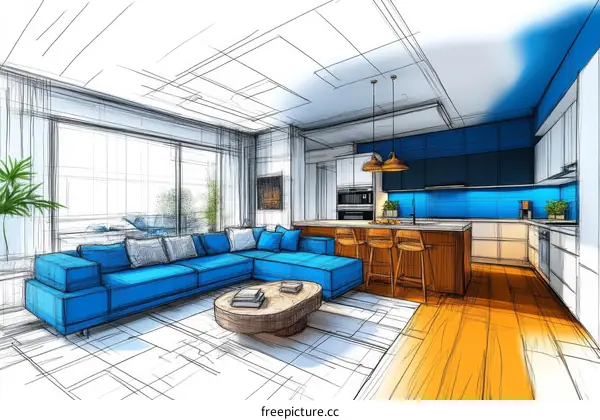 Modern Interior Design Sketch of a Living Room and Kitchen