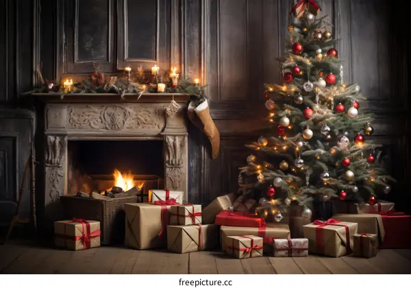 Christmas tree in a living room with a fireplace