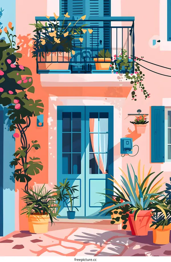 Colorful Illustration of a Doorway with Plants