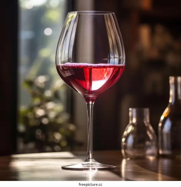 Red Wine Glass on Wooden Table