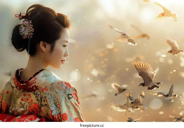 Portrait of a Japanese woman in traditional kimono with hair ornament and red and white flowers pattern