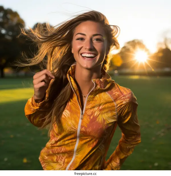 Laughing woman with long blond hair running in a field at sunset