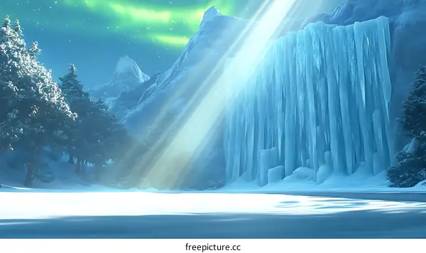 Winter Landscape with Frozen Waterfall and Aurora Borealis