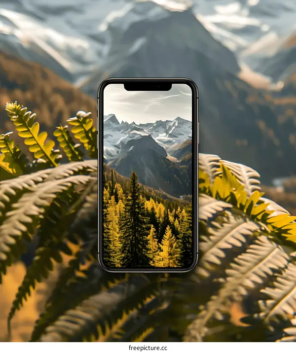 Mountain Landscape Screen On Smartphone With Fern In Foreground