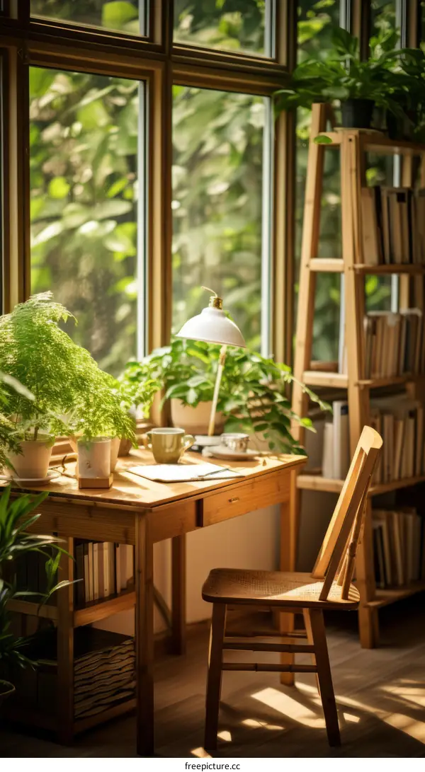 Sunlight Streaming Through Window Onto Desk with Indoor Plants