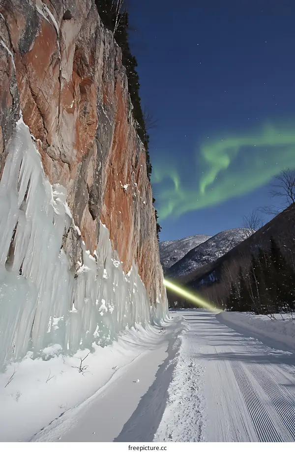 Icicle Cliff With Green Aurora Borealis