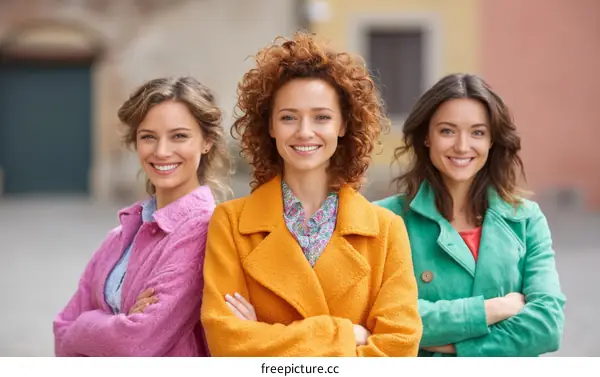 Three Women Smiling Outdoors in Fashionable Coats