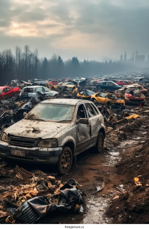 Post-apocalyptic junkyard with abandoned cars