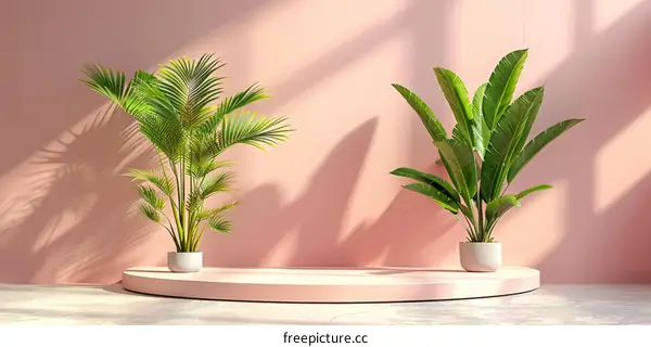 Potted green plant in front of a pink background wall, soft light and shadow