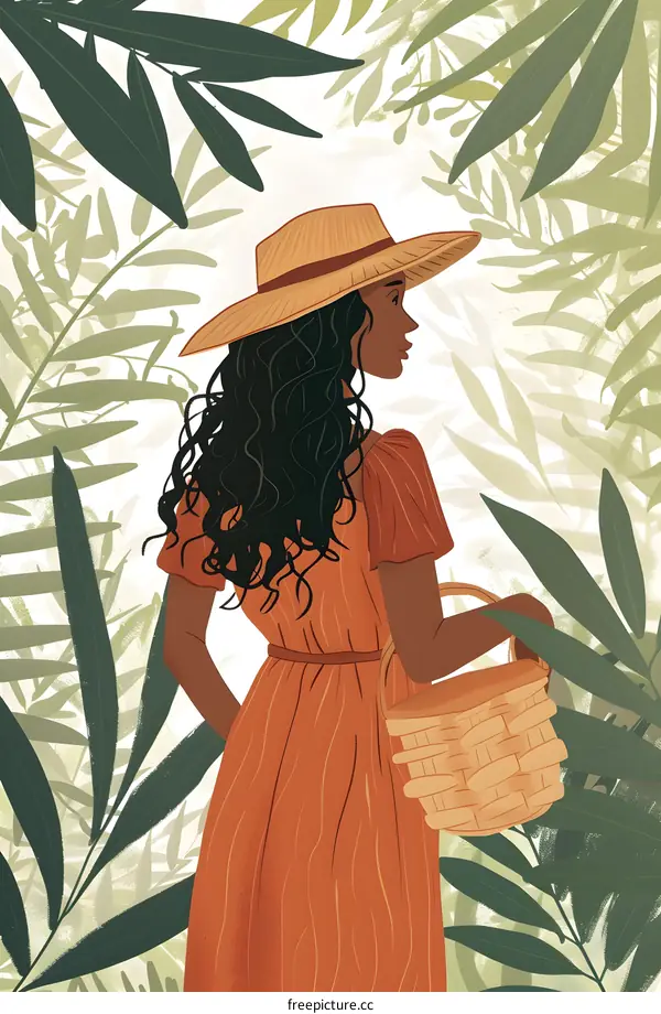 Woman in Orange Dress and Hat Walking in a Tropical Forest