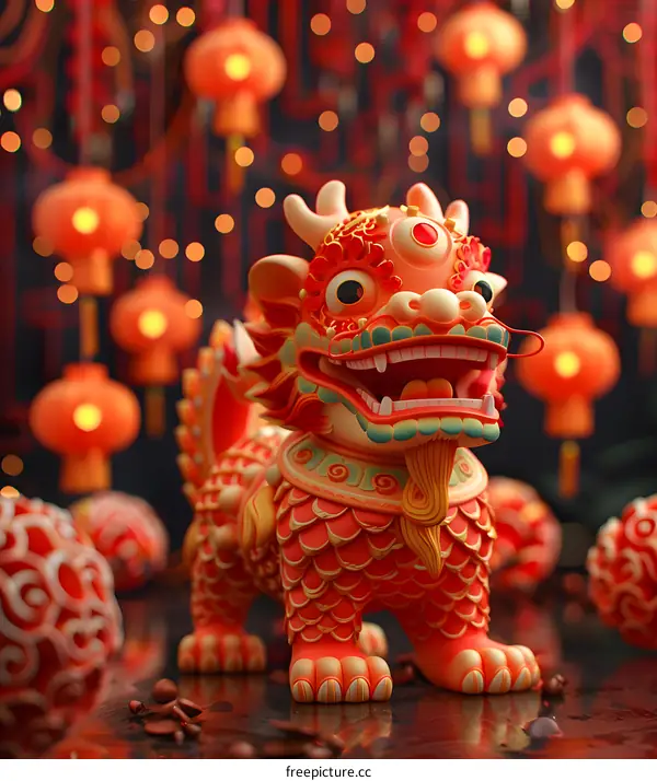 A 3D rendering of a Chinese lion statue with red lanterns in the background.