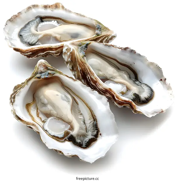 Three opened fresh oysters on a white background