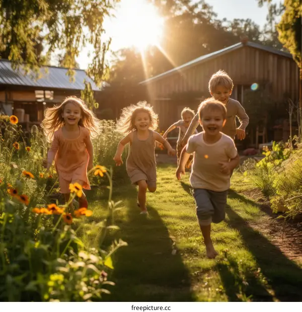 Five happy children running in a field of flowers on a sunny day