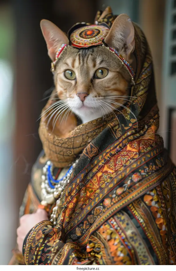 Cat wearing a traditional headdress and scarf