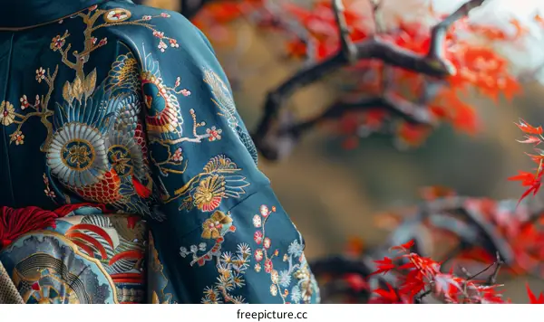 A woman wearing a kimono with a pattern of a phoenix and flowers.