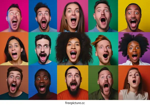 People of different ethnicities with surprised expressions on their faces