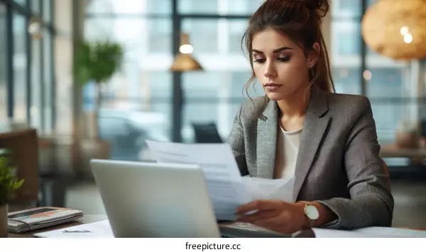 A businesswoman is looking at a document while sitting at her desk