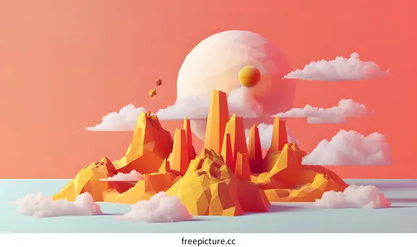Abstract Geometric Mountain Landscape with Clouds and Sphere