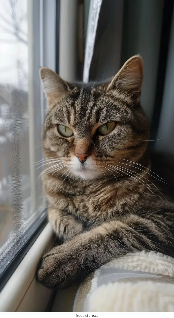 A Cute Ginger Cat Sits on Window Sill Looking Outside