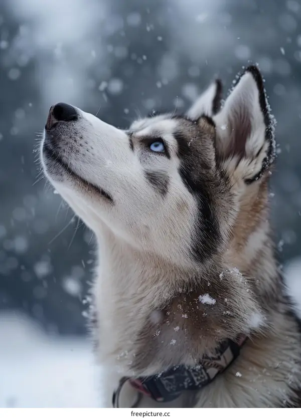 A Husky looking up at the sky while snowflakes fall