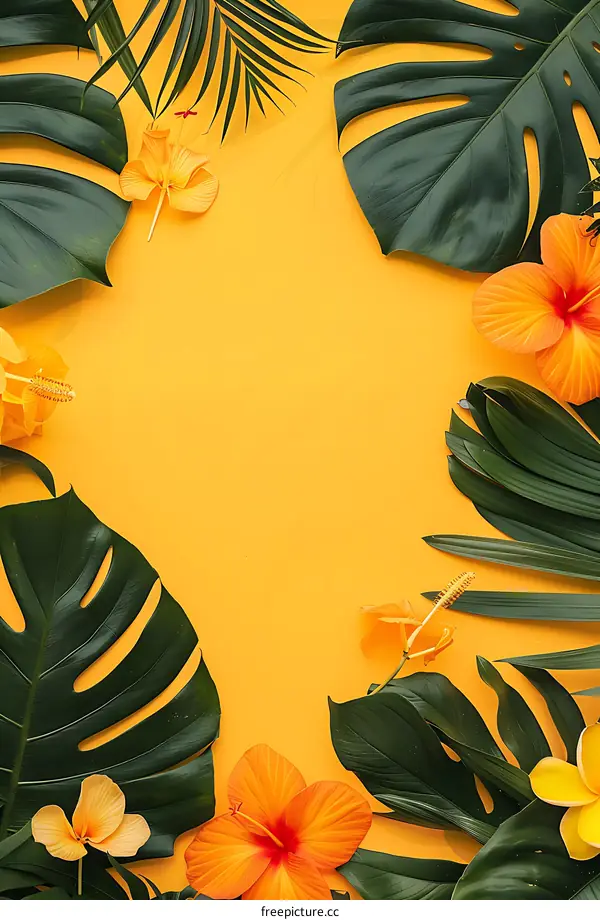 Tropical Leaves and Flowers on Yellow Background