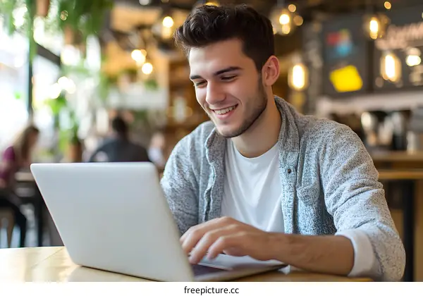 Smiling Young Man Using Laptop In Cafe