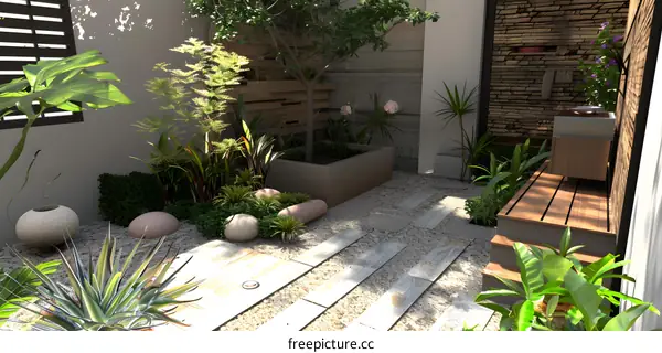 Small Japanese Garden with Wooden Floor and Stone Wall