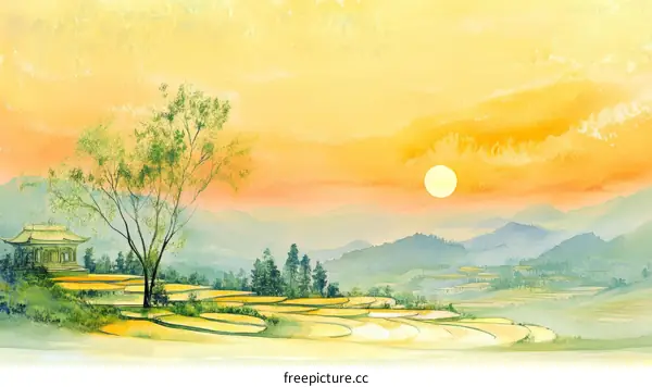 Peaceful Sunrise over Terraced Rice Paddies