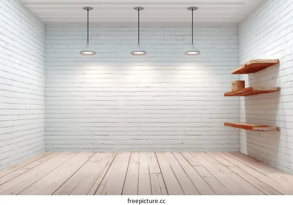 Empty Room with Wooden Shelves and White Brick Walls