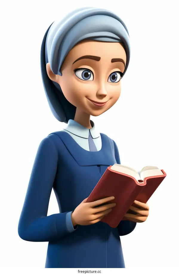 3D illustration of a smiling nun reading a book