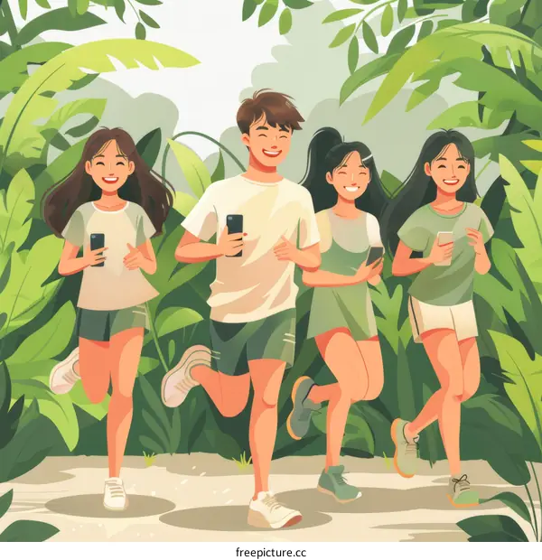 Four people running in the forest