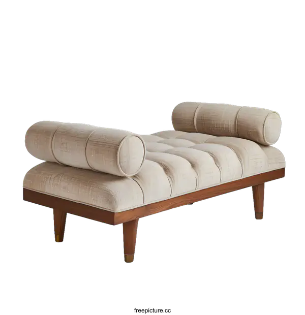 [Transparent Background PNG]Beige Upholstered Bench With Wooden Legs