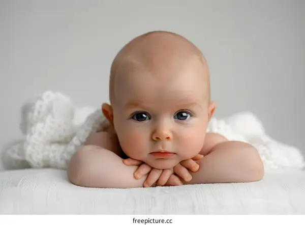 Baby girl with blue eyes and a bald head resting her chin on her crossed arms