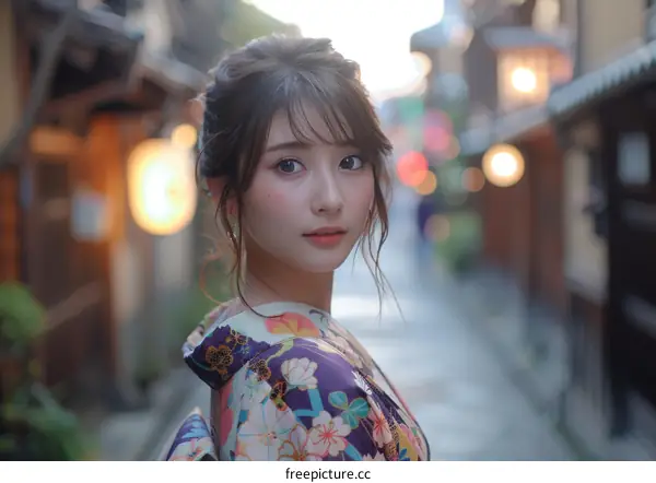 Asian Woman in Traditional Japanese Kimono in a Street