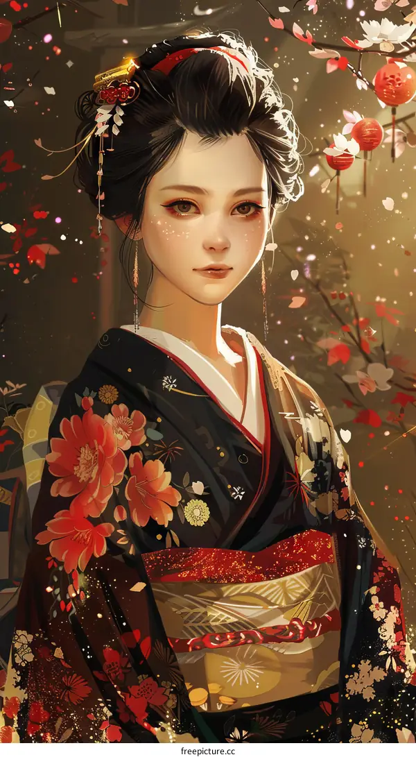 Beautiful Asian Woman Wearing Traditional Kimono with Red Flowers