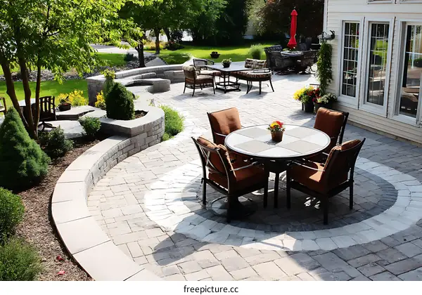 Outdoor Patio Design with Stone Pavers and Furniture