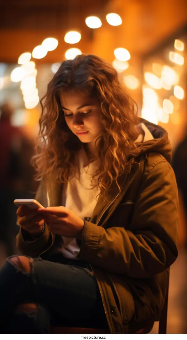 Young Woman with Curly Hair Using Smartphone in City at Night