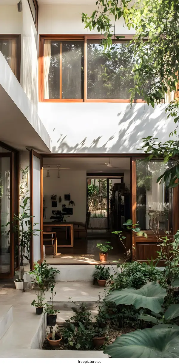 Modern House Courtyard With Lush Greenery and Wooden Accents