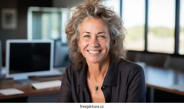 Portrait of a smiling woman with curly hair in a black shirt
