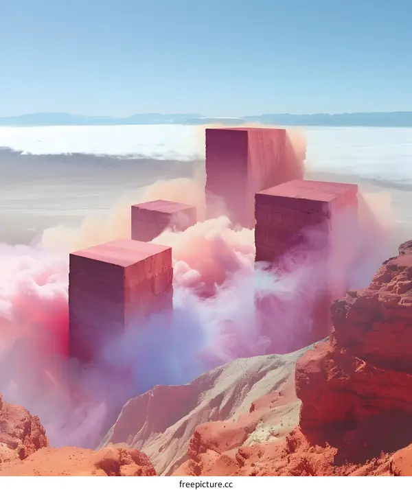 Abstract Red Cubes Emerging From Smoke Above Mountain Landscape