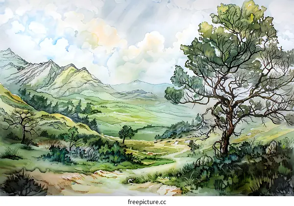 Watercolor Painting of a Landscape with Mountains and Trees